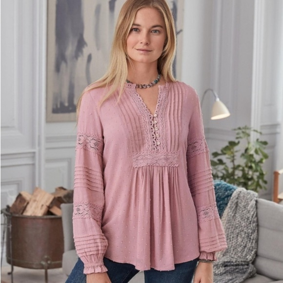 Sundance Spirit Lake Top Blouse Pintucks Ruffle Sleeve Boho Coquette in Pink L - Picture 1 of 16